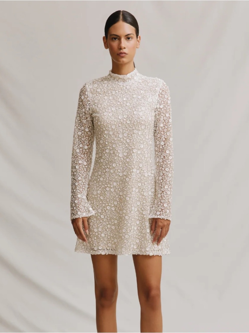 Beaded Long-sleeve White Mini Dress